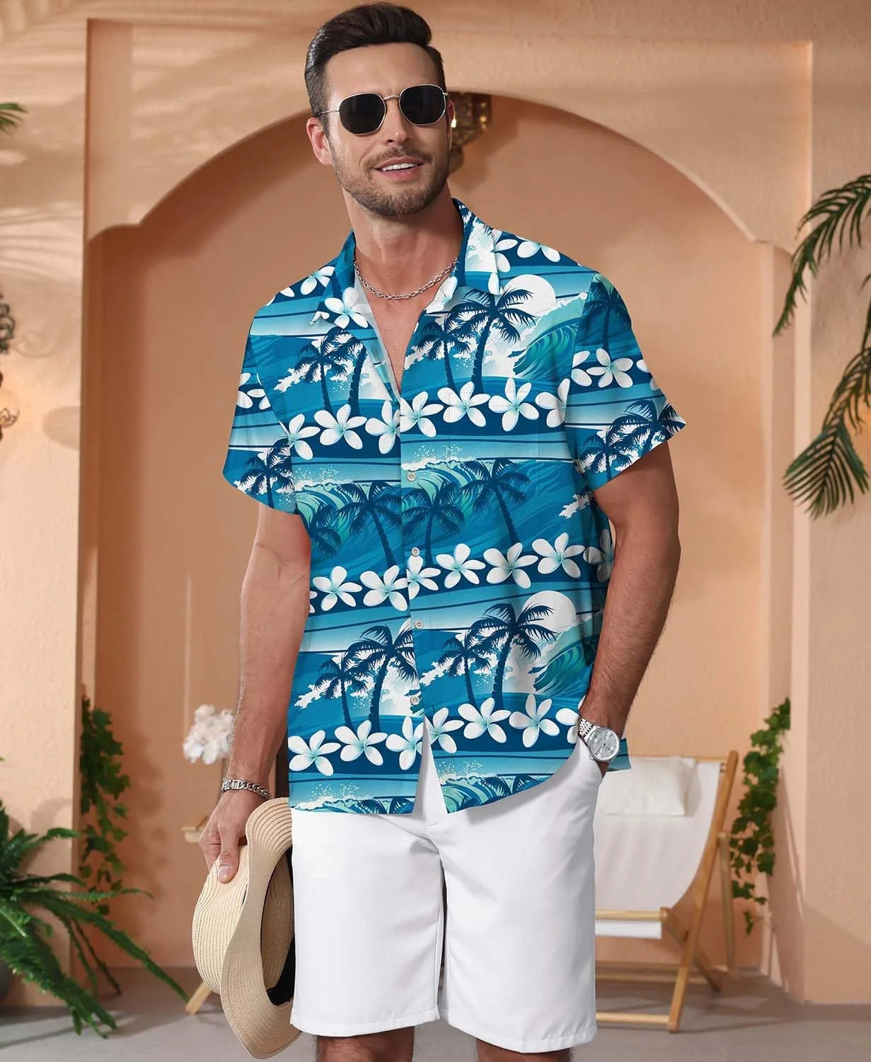 

Men's summer cool short-sleeved lapel beach shirt natural plant coconut tree 3D printed shirt Hawaiian vacation casual party top