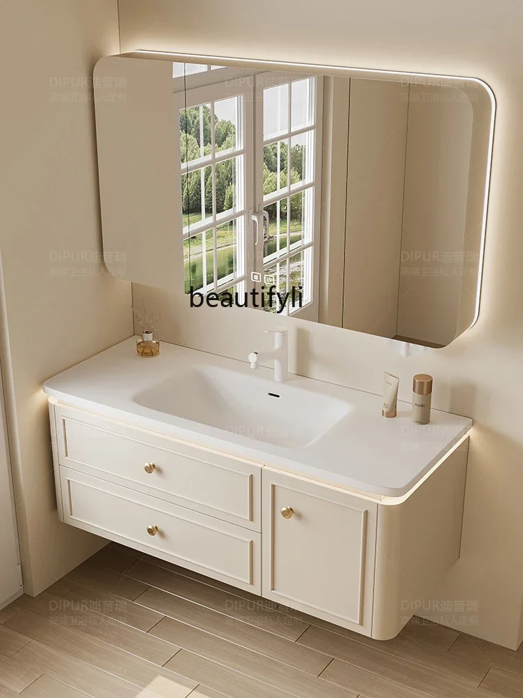 Cream wind bathroom cabinet Corian integrated ceramic basin oak arc toilet hand wash basin combination