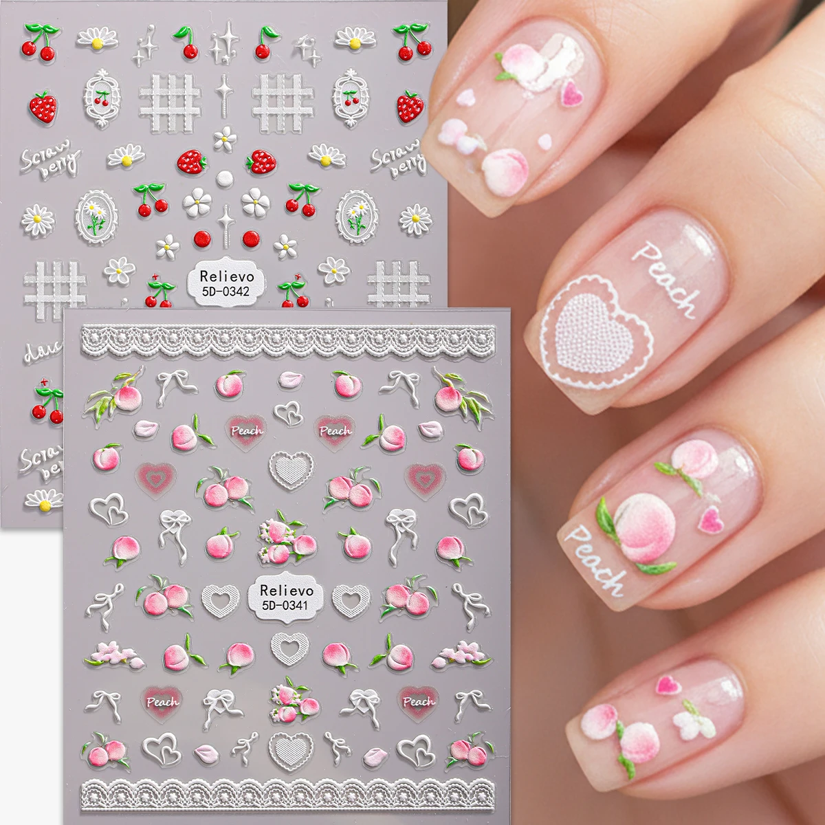 2 szt. Świeże, słodkie naklejki na paznokcie z motywem owoców, naklejki 5D z truskawkami, wiśniami i brzoskwiniami, samoprzylepne ozdoby do paznokci, do samodzielnego zdobienia manicure.