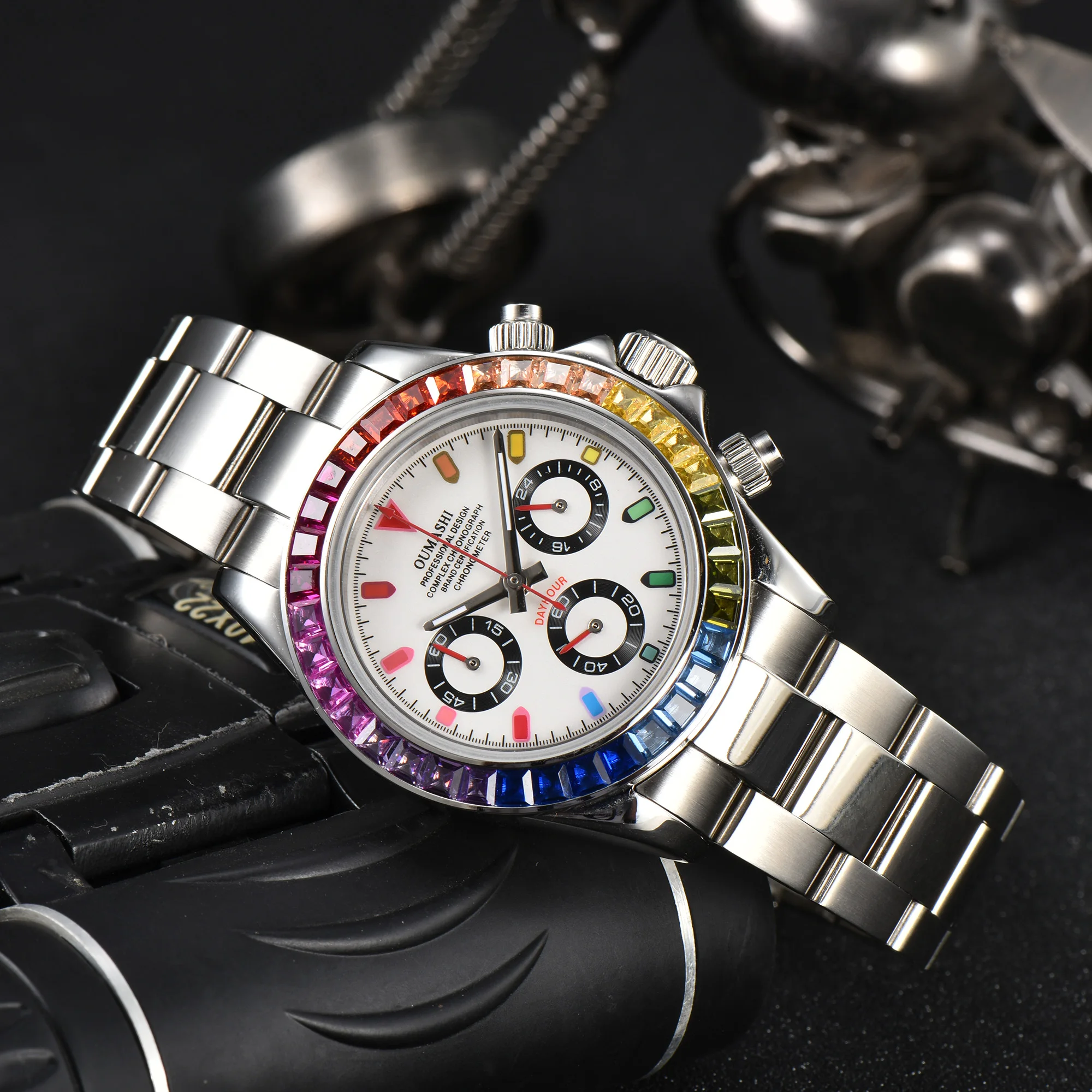 นาฬิกาผู้ชายสแตนเลสนาฬิกาโครโนกราฟลำลองสำหรับผู้ชายกระจกแซฟไฟร์สีหินฝาหน้าควอตซ์นาฬิกา VK63