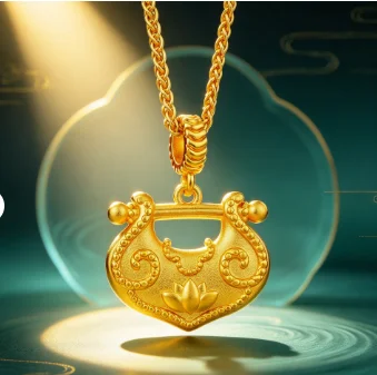 Lotus flower safe lock pendant for women new Chinese style all match collarbone chain jewelry 9999gold