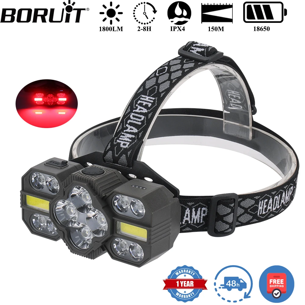 

BORUiT BR14 1800LM Светодиодный налобный фонарь Type-C Перезаряжаемый 2200 мАч Фара IPX4 Водонепроницаемый Кемпинг Рыбалка Красный свет Налобный фонарь
