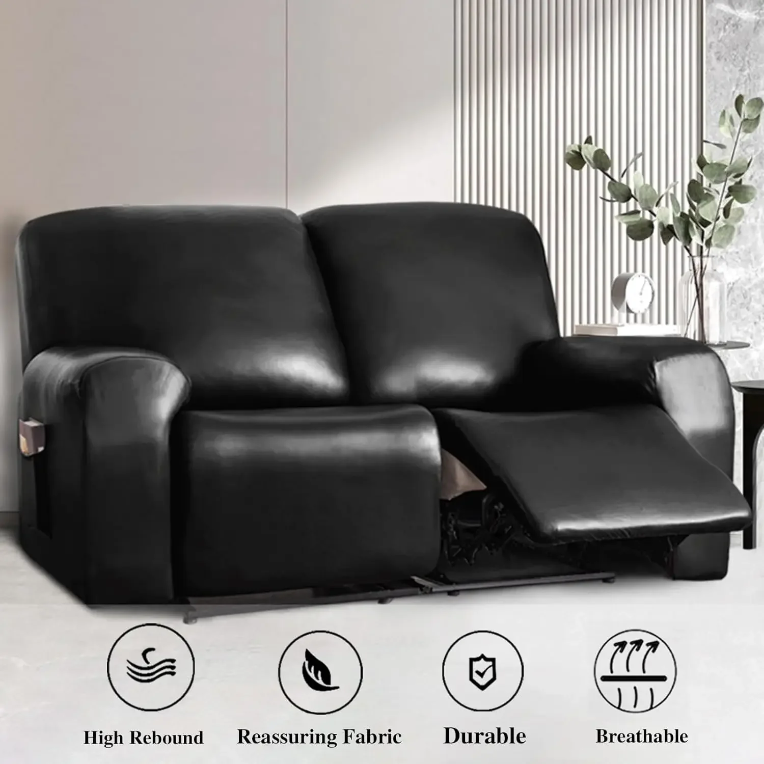 PU Leather Stretch Recliner Sofa Cover 2-Seater with Side Pockets Waterproof Slipcover Recliner Couch Cover Living Room