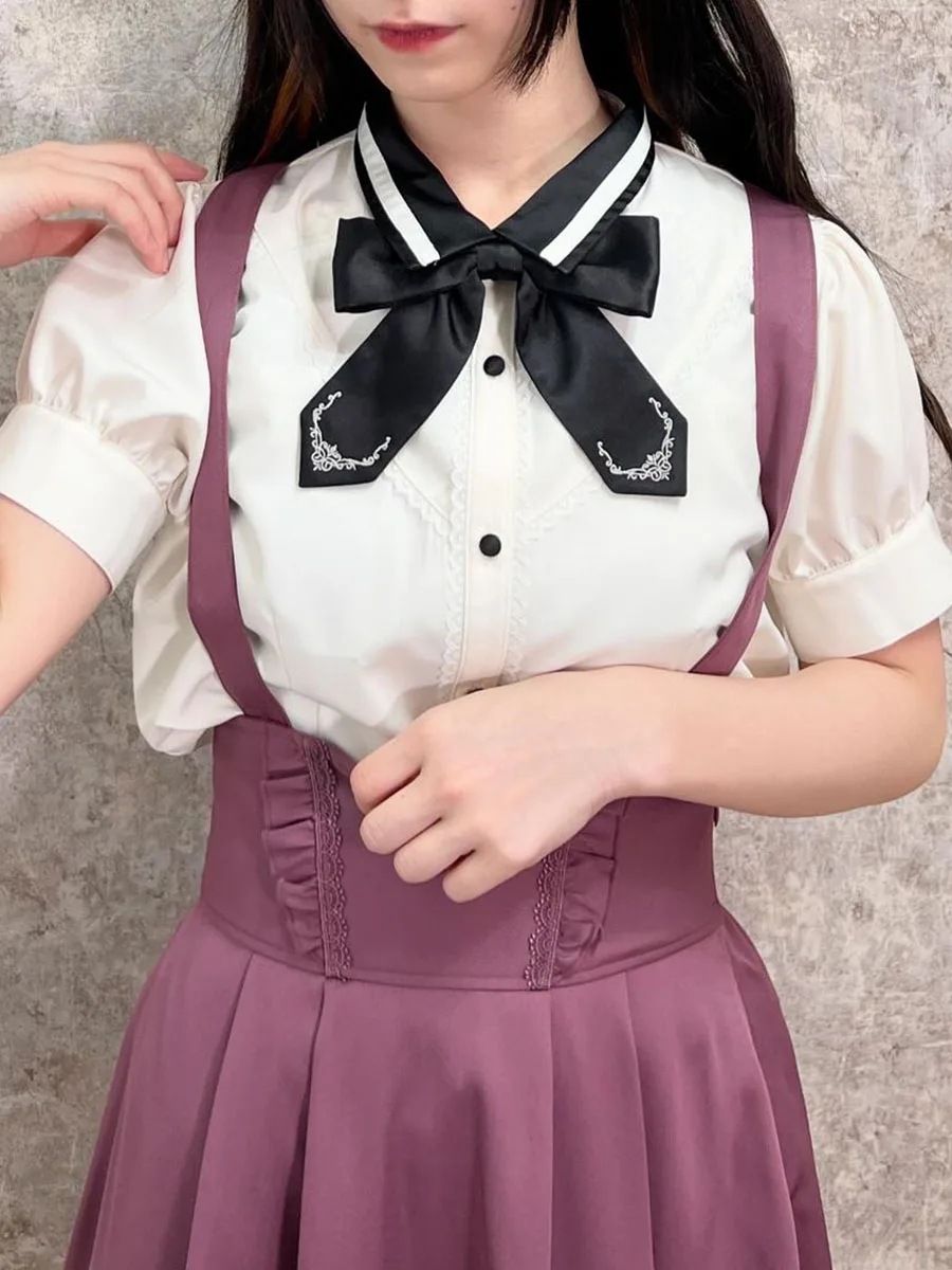 

Sweet Sle Embroidered Knot Lace Decoration School Wind ort Sve irt Axes Femme Japanese Sle Straight Cut ...