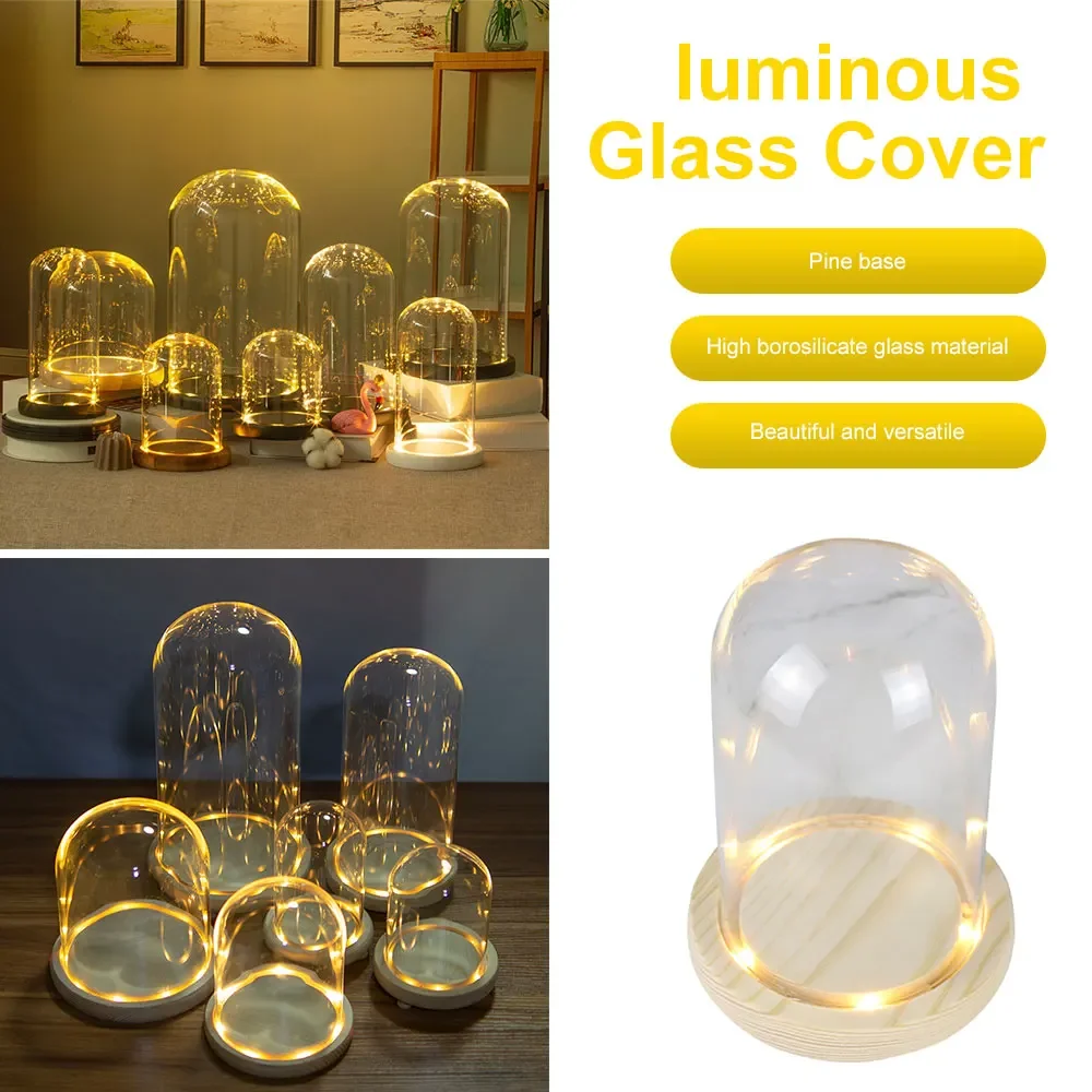 Image 6: Dôme en verre Base en bois avec lumière LED, cadeau d'anniversaire, décor de chambre à coucher, couverture en verre, Vase de paysage, conteneur de Terrarium, porte-fleurs
