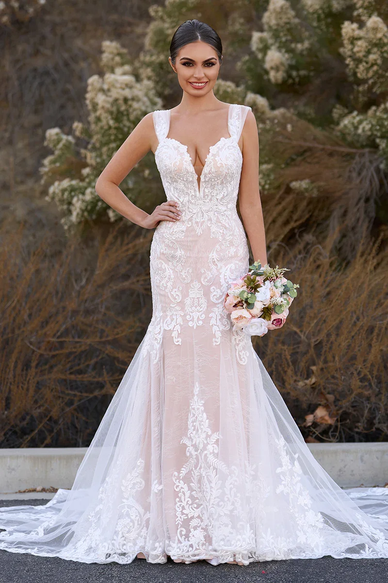 

Customizable Deep V-Neck Fish Tail Gown with Lace Embellishments Outer Layer of Thin White Tulle Romantic And Sexy Wedding Dress