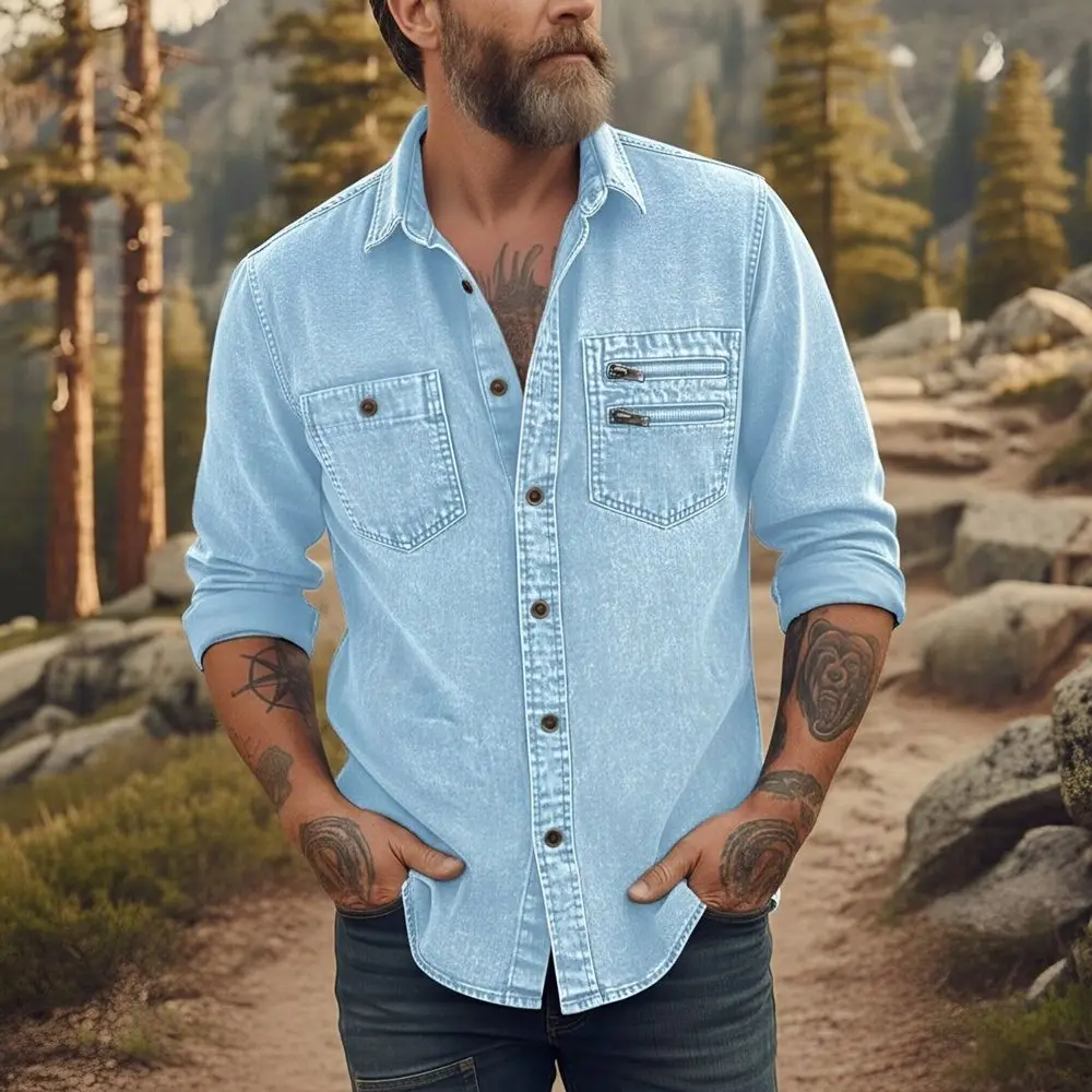 

New Men's Vintage Solid Color Denim Shirt Button Down Long Sleeve Casual Streetwear Shirts Zipper Pockets Men Safari Style Tops