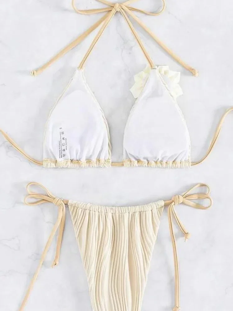 

UETEEY 2025 New Summer Swimwear Bikini Set Women Sexy 3D Floral Laced Up Bikini 2 Piece Set Solid Split Swimsuit Beach Bikinis