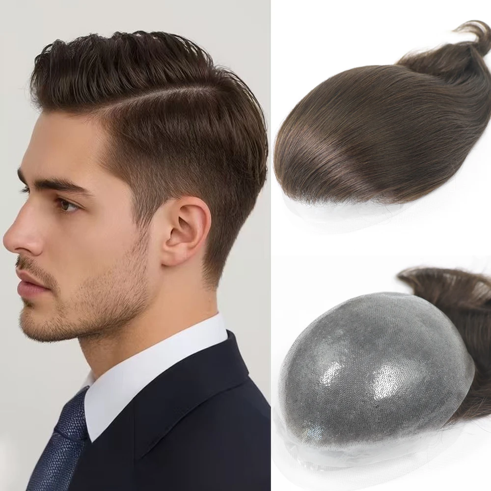 Toupee for Men Human Hair Pieces Thin Skin Pu Hairpieces Replacement System V-Loop Invisible Hairline Male Hair prosthesis #4 8×10 Size