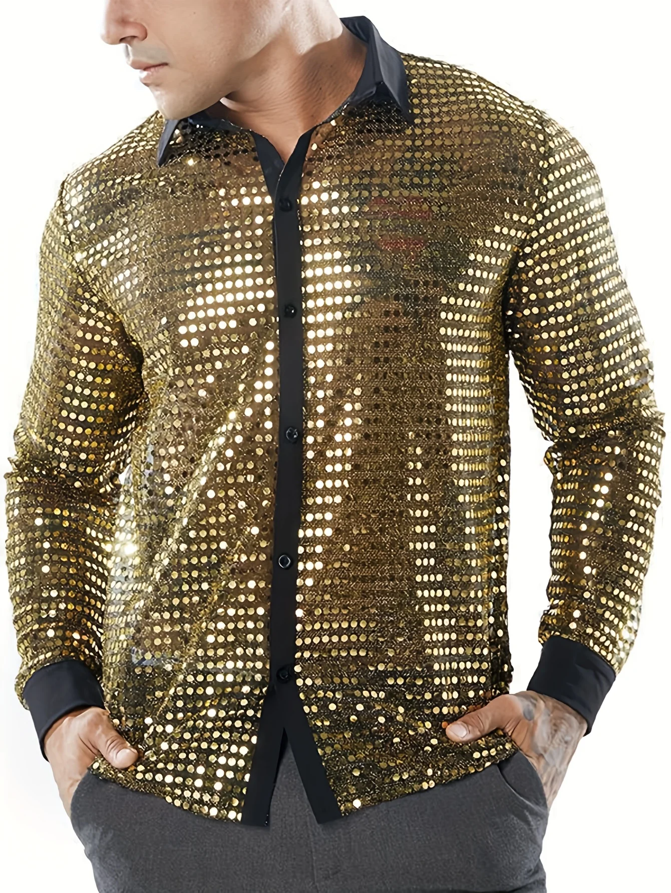 

Performance Clothing Sequined Casual Shirt New Men's Fashion Glossy Lapel Long-Sleeved European Size Shirt