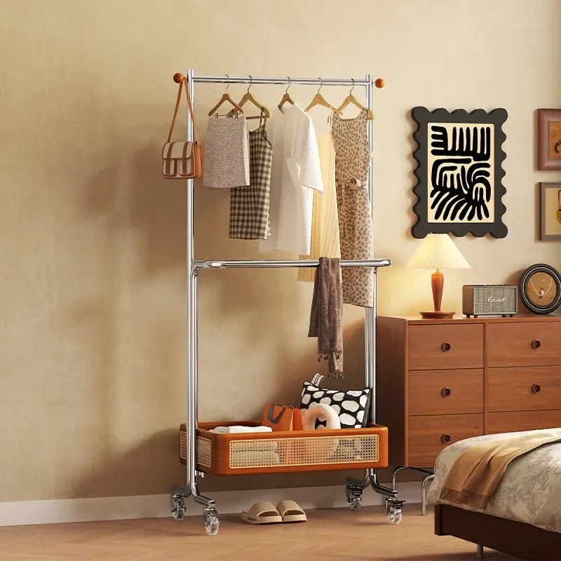 For Medieval Creative Entrance Double Layer Coat Rack Bedroom Mobile Storage Dirty Clothes Basket Floor to Floor Drying