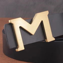 High quality gold m letterslide buckle belts men designer luxury brand 3.8cm genuine leather smooth cowhide jeans ceinture homme