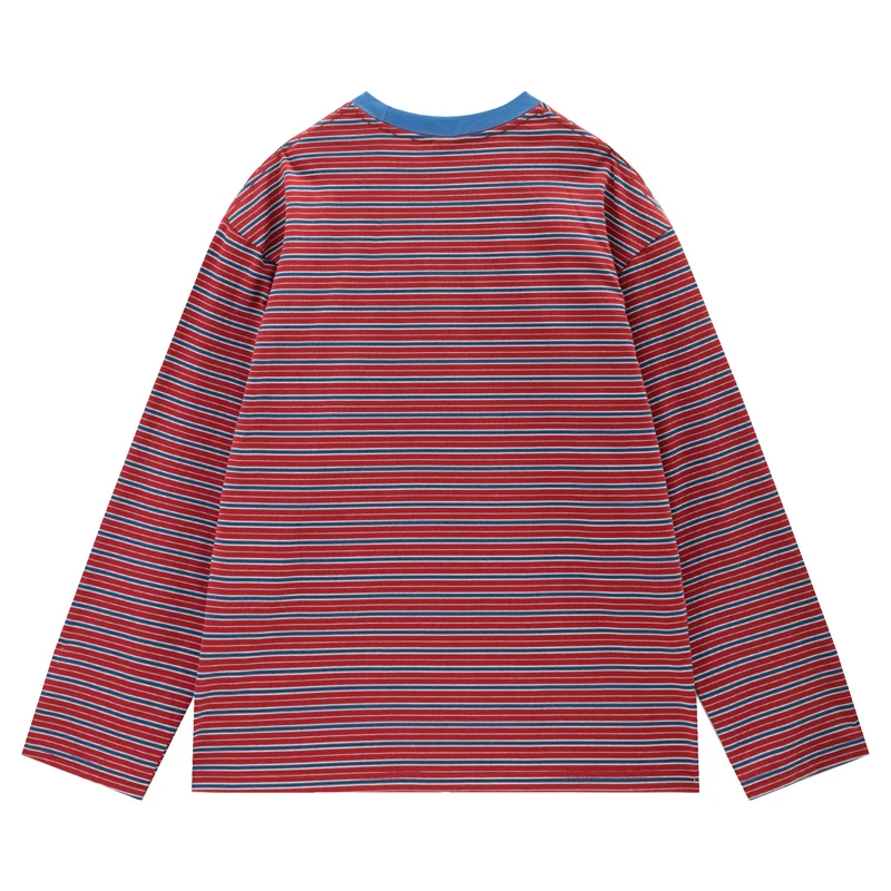 Unisex Vintage Contrast Collar Striped Long Sleeve T‑Shirt Men Women Loose Fit Crew Neck Casual Retro Stripe Basic T Shirt Tops