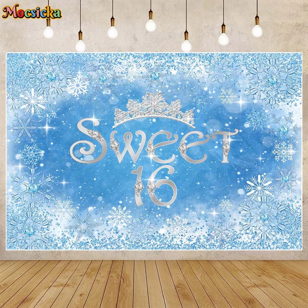 

Mocsicka Sweet 16 Birthday Backdrop Silver Crown Snowflake Winter Girl 16th Birthday Party Decor Photo Backgrounds Banner Custom