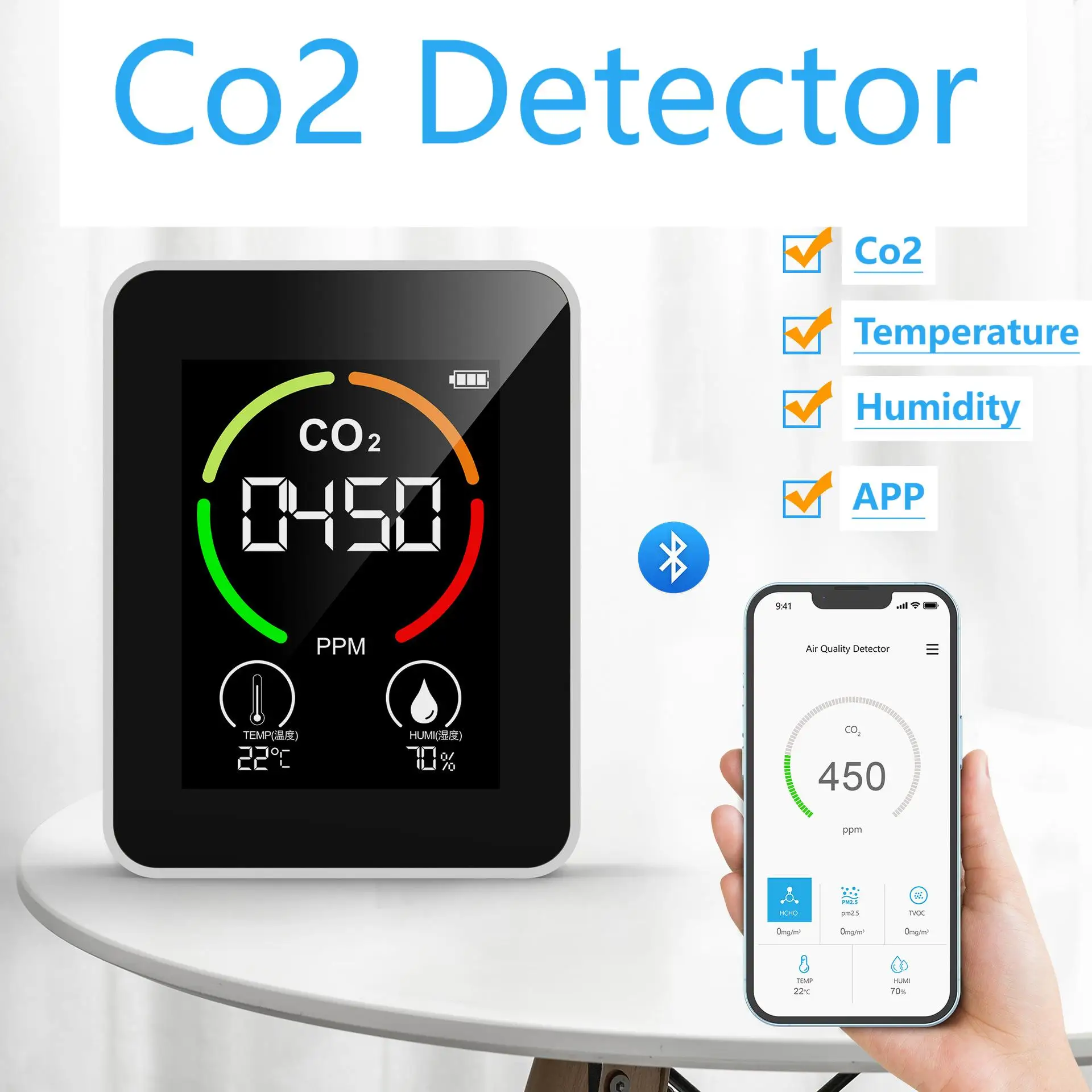 Portable CO2 Detector CO2 Detector Portable Battery Operated Carbon Dioxide HCHO TVOC Temp Humi 5 in 1 Meter Air Quality Monitor