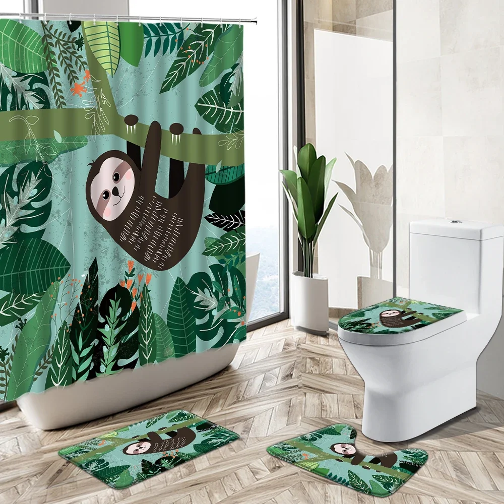 Jungle Animals Leopard Sloth Zebra Giraffe Shower Curtain Tropical Plant Scenery Non-Slip Pedestal Rug Toilet Cover Bathroom Set