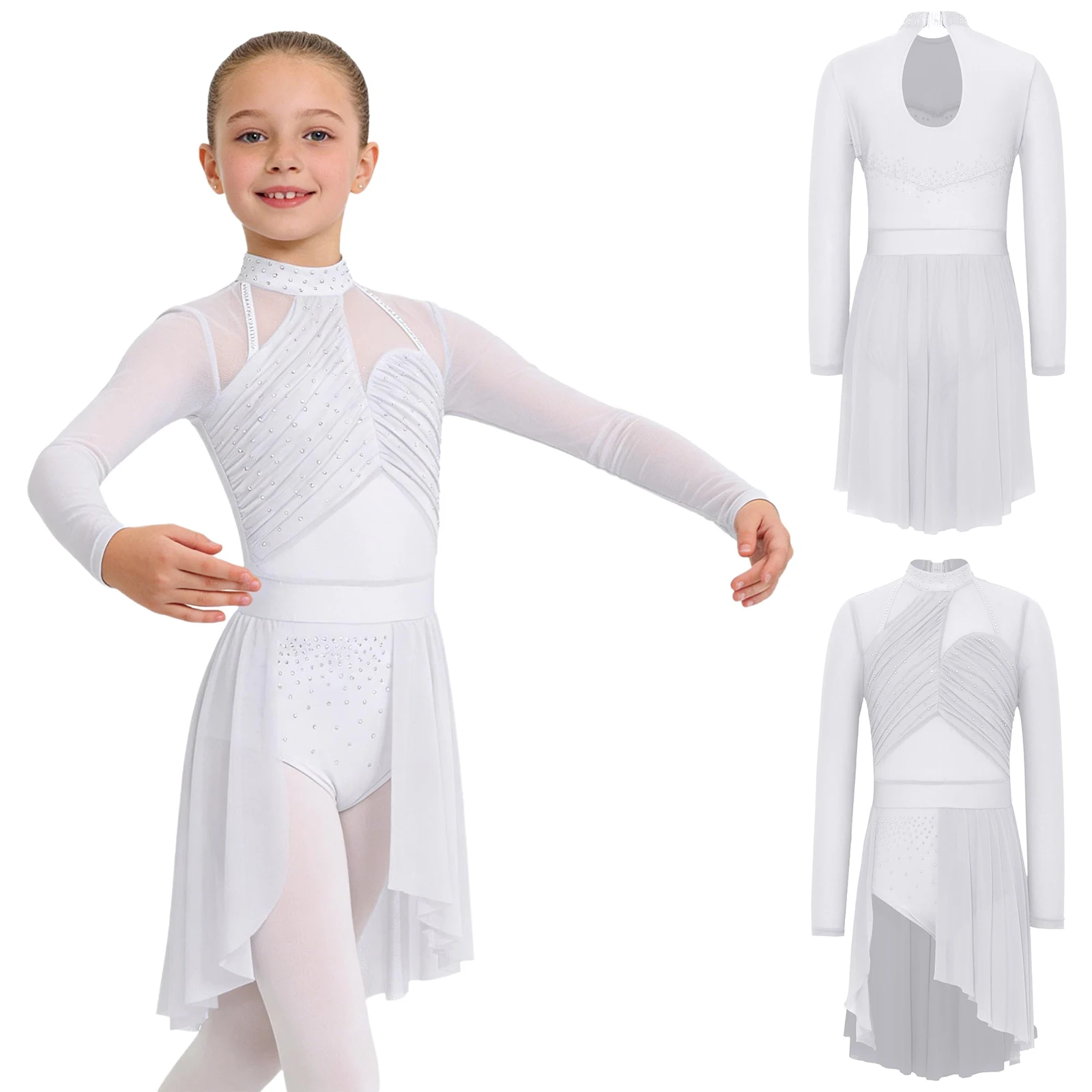 

Kids Girls Modern Lyrical Dance Dress Shiny Rhinestone Long Sleeve Mesh Skirt Leotard Figure Skating Ballet Gymnastics Dancewear