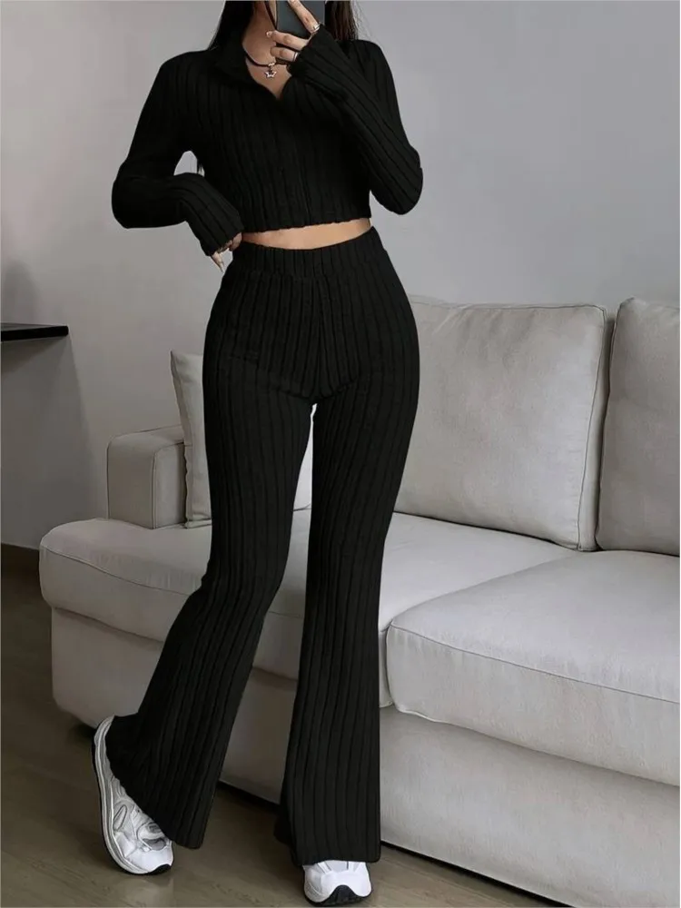

Women's Fashion Solid Knitted Zipper Striped 2-Piece Set Autumn Winter Long Sleeve Playsuit Top + Flare Trousers Pants Suit