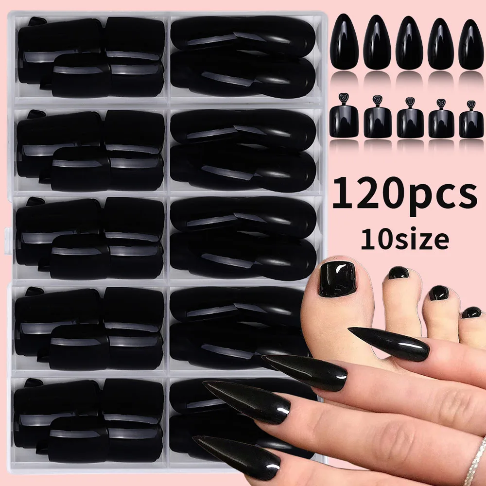 

120Pcs Glossy Black Square&Almond Fake Nails Hand&Feet Full Cover Press On Nails Y2K Ins Style Wearable Women False Nail Tips TD
