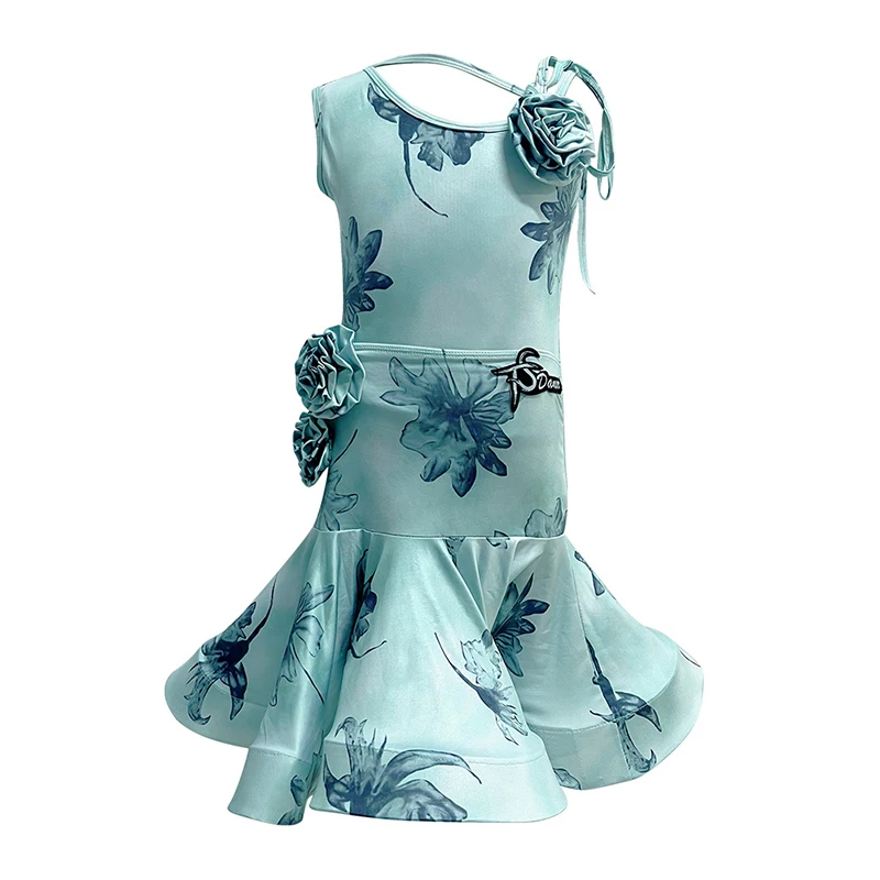 New Girls Latin Dance Dress Flower Printing Performance Costume Set Sleeveless Dress Kids Cha Cha Ballroom Dance Clothes BL12678