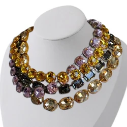 Shiny Yellow Color Rectangle Glass Crystal Necklace for Women Grey Copper Inlaid Vintage Classics Wedding Bridal Party Jewelry