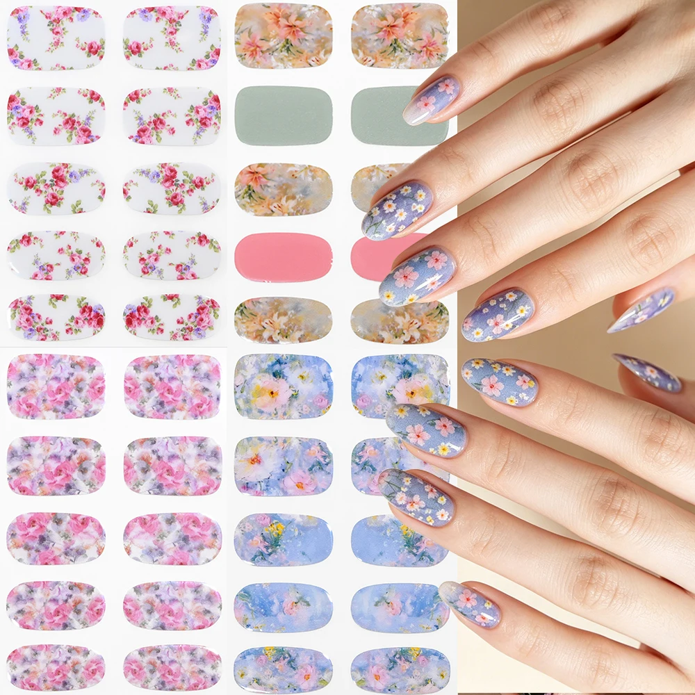 16Tips/Sheet Blue Cotton Rose Semi-cured Gel Nail Wraps Long Lasting Full Cover Nail Gel Sticker DIY Summer Small Floral Print