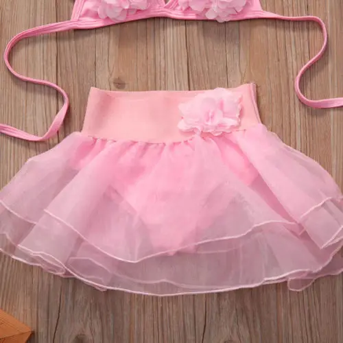 1-6 Years Little Girls Summer Pink Sweet Flower Swimsuit Halter Neck Floral Top + Tutu Bikini Swimsuit with Panties