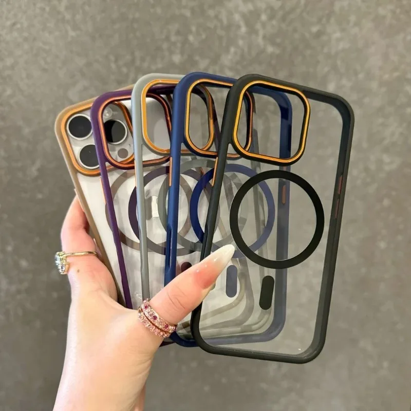 Luxury Transparent Magsasfe Case For iPhone 16 15 14 Plus 11 13 12 Pro Max Color Bumper Shockproof Magnet Wireless Charge Cover