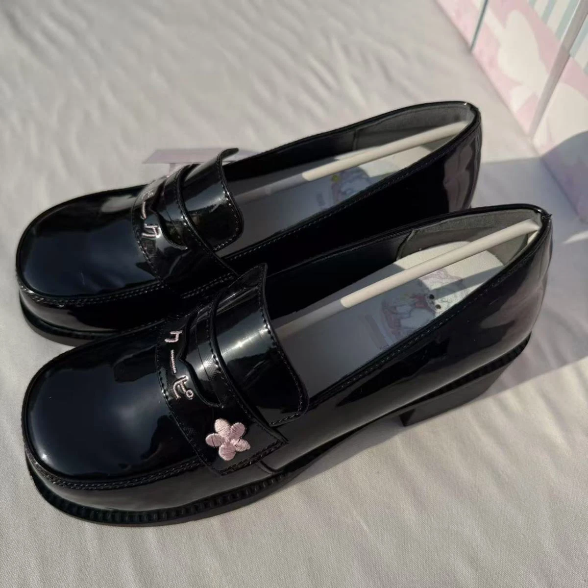 Lovely Japan Style Gilrs Lolita JK Sewing Shoes,Female Students Embroidered Cherry Block Kitten Heels School Loafers