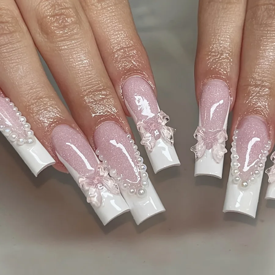 

24pcs Mid-Length Square Press on Nails French Flash Bow Full Coverage Nails Tips for Women&Girl Removable Wearable Nail Art