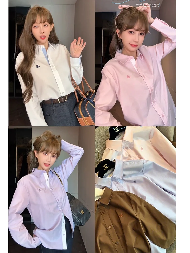 

Mimius Casual Style Long Sleeve Embroidered Loose Fit Collar Shirt Color Block Cotton Simple Korean Version Women's Shirt