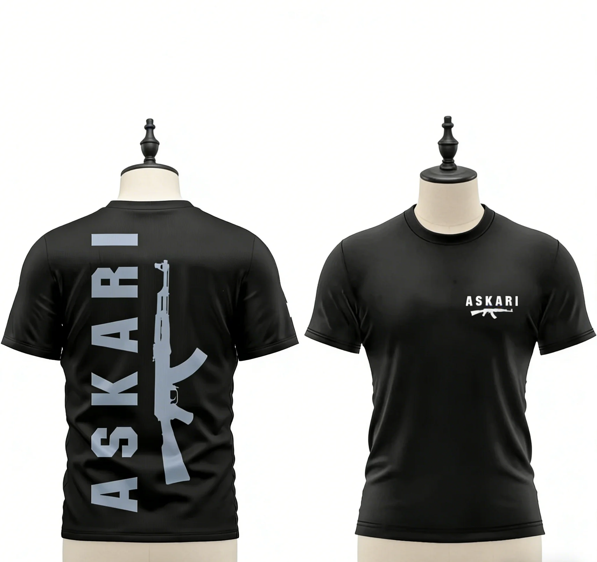 

Тактическая черная футболка ASKARI – с изображением силилуэта винтовки АК-47 и логотипом на груди, идеально подходит для любителей военной тематики и тактической уличной одежды.