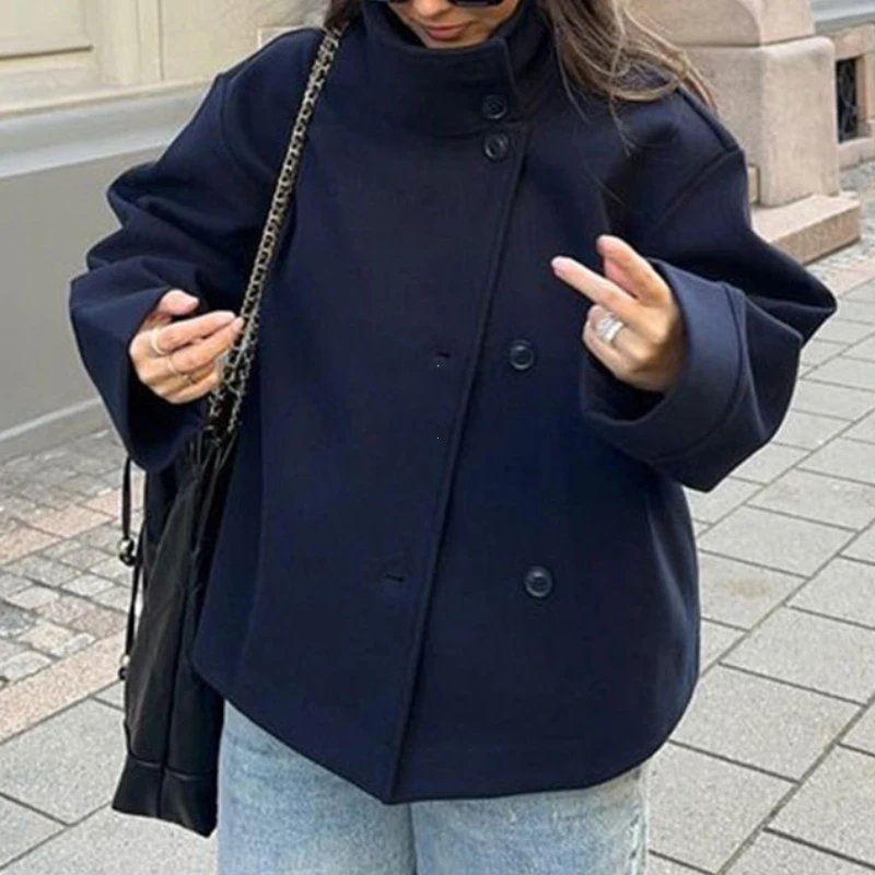 الوقوف طوق المرأة الشتاء المعاطف الصوفية 2025 الربيع واحدة الصدر فضفاضة الإناث طويلة الأكمام سترة مكتب سيدة الشارع معطف قصير