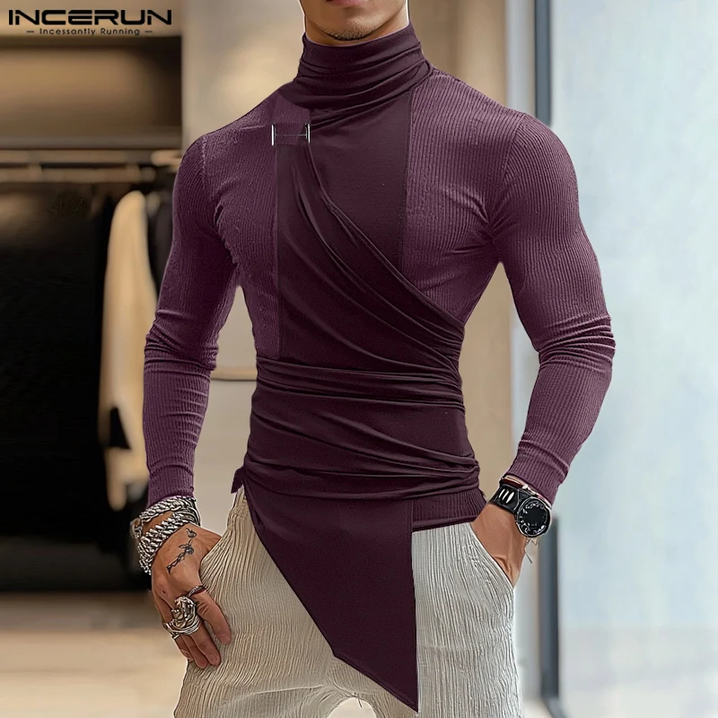 INCERUN Men Well Fitting Long Sleeved T-shirts 2024 Patchwork Deconstruction Metal Buckle Buttons Handsome Simple High Neck Tops