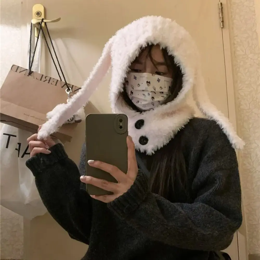 Gorro con orejas de conejo esponjoso para ocio, gorro con calavera, gorro con protección para los oídos, gorro con orejas largas, gorro de felpa de invierno con dibujos animados que combina con todo para ciclismo