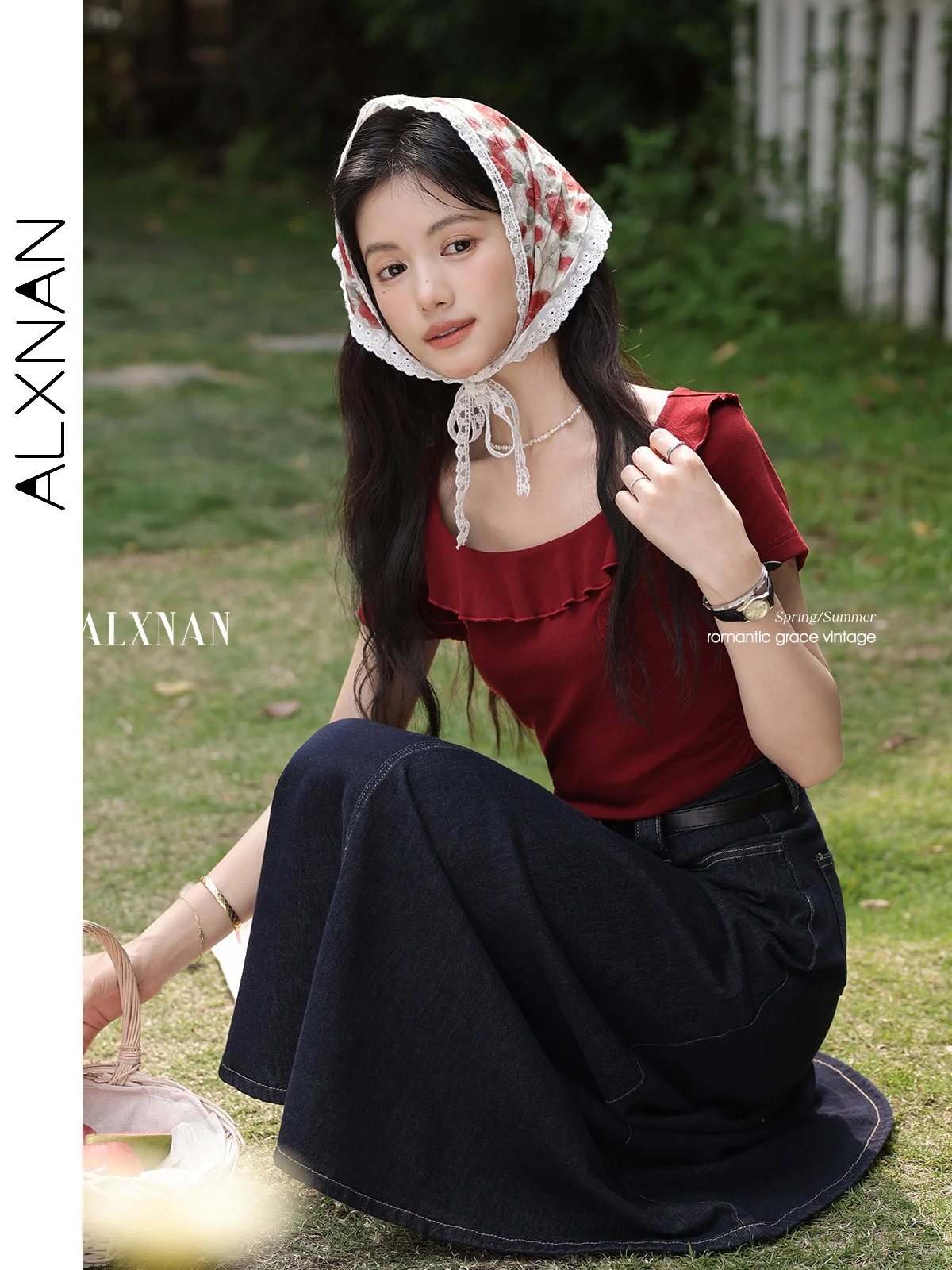 ALXNAN Women's Vintage Red T-shirt 2025 Summer Short Sleeve Cotton T-shirt Elegant Ruffle Collar Slim-fit Tops Ladies L551108
