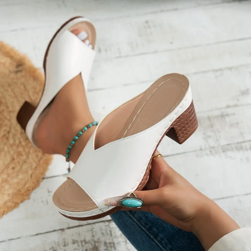 Women Chunky Block Heel Mule Sandals Open Toe Metallic Upper Turquoise Gem Decor Slip on Platform Slippers Ladies Summer Casual view 5
