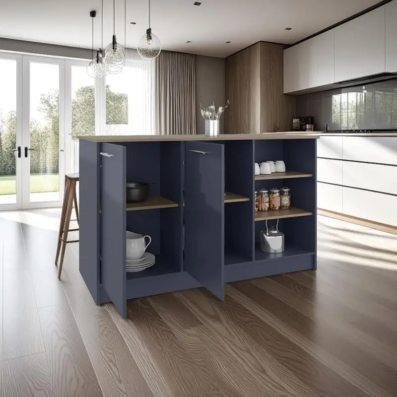 جزيرة مطبخ الزنجبيل مع أرفف مفتوحة وخزائن للتخزين ومنظم المطبخ قائم على الأرض وحل الديكور