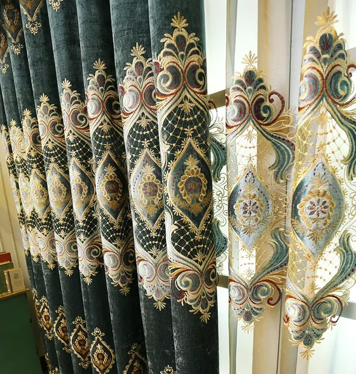 Blue Chenille European Embroidery  Curtains for Living Room Bedroom Dining   Custom Size Retro Print Luxury Grace Light Luxury