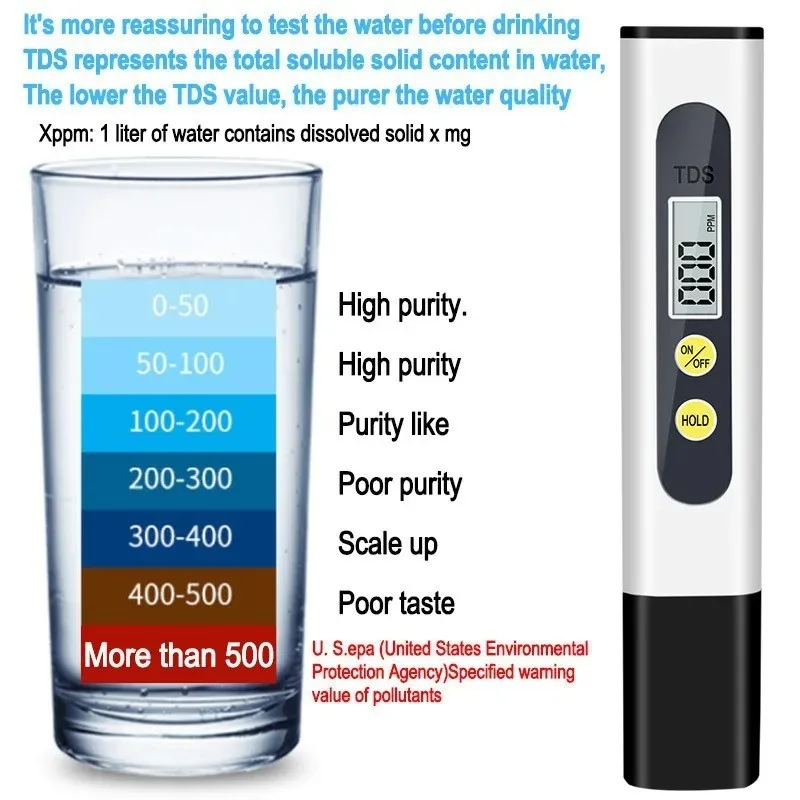 TDS Water Quality Test Pen LCD Digital Display Water Quality Analyzer 0-9990ppm for Home Tap Water Quality Test
