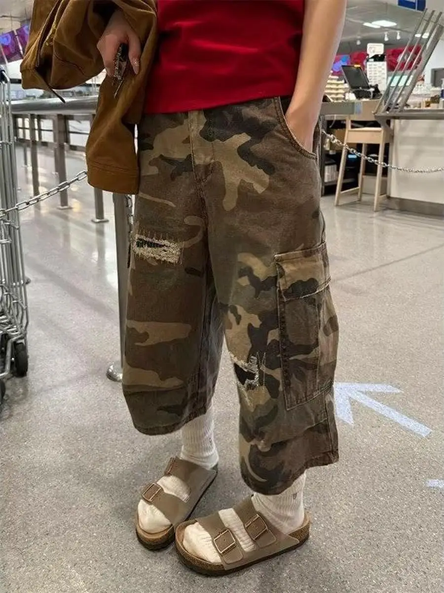 

Summer Large Size 250 Pounds 2026 New Style Men's Loose Casual Camouflage Straight Leg Seven-Foot Pants with Hole Patches