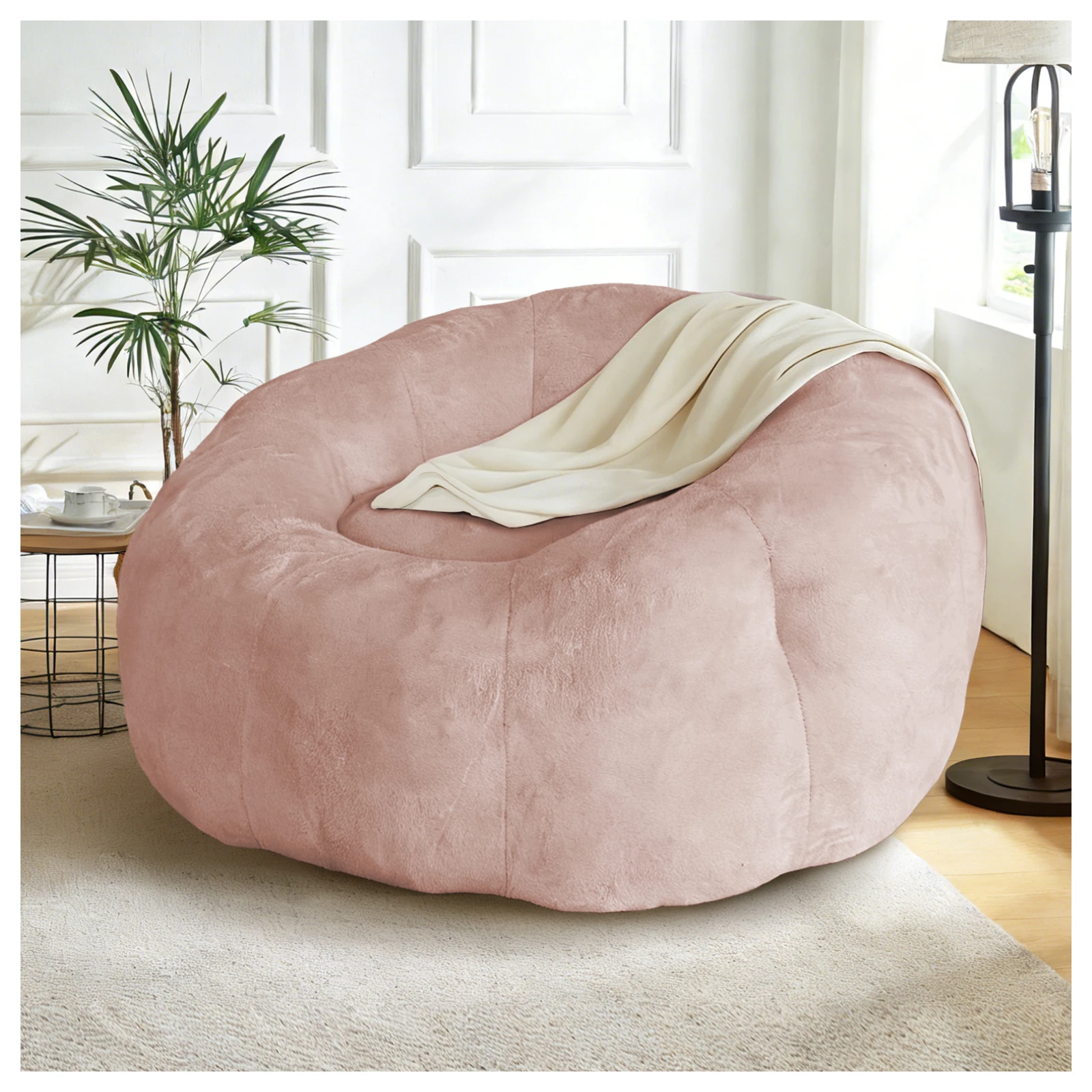 Grand fauteuil lounge rond en forme de pouf, base à stabilité accrue, housse en velours doux, siège de relaxation polyvalent pour salon et chambre