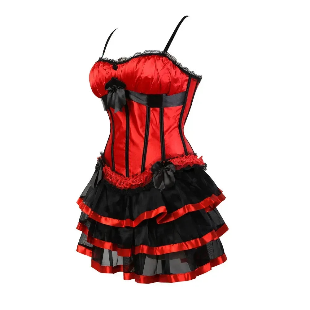 Victorian Red Satin Overbust Corset with Layered Tulle Skirt Women Gothic Burlesque Bustier Dress Halloween Show Girl Rave Costu