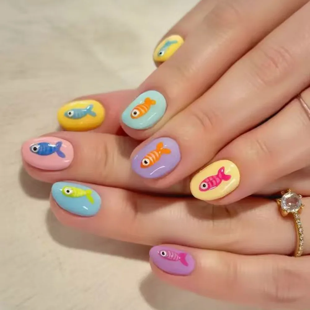 

Fish Press on Nails Short Summer 3D Fish Press ons Nail Handmade False Nails Wearable Oval Fake Nail Short Full Cover Press on