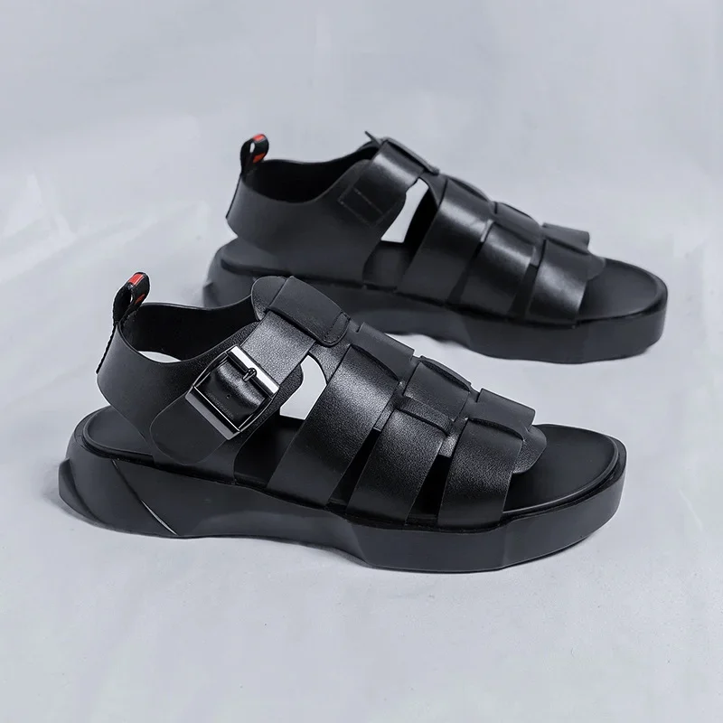 Summer Black Genuine Leather Men\'s High Grade Sandals for External Wear Breathable Roman Sandals Trend Casual Beach Shoes