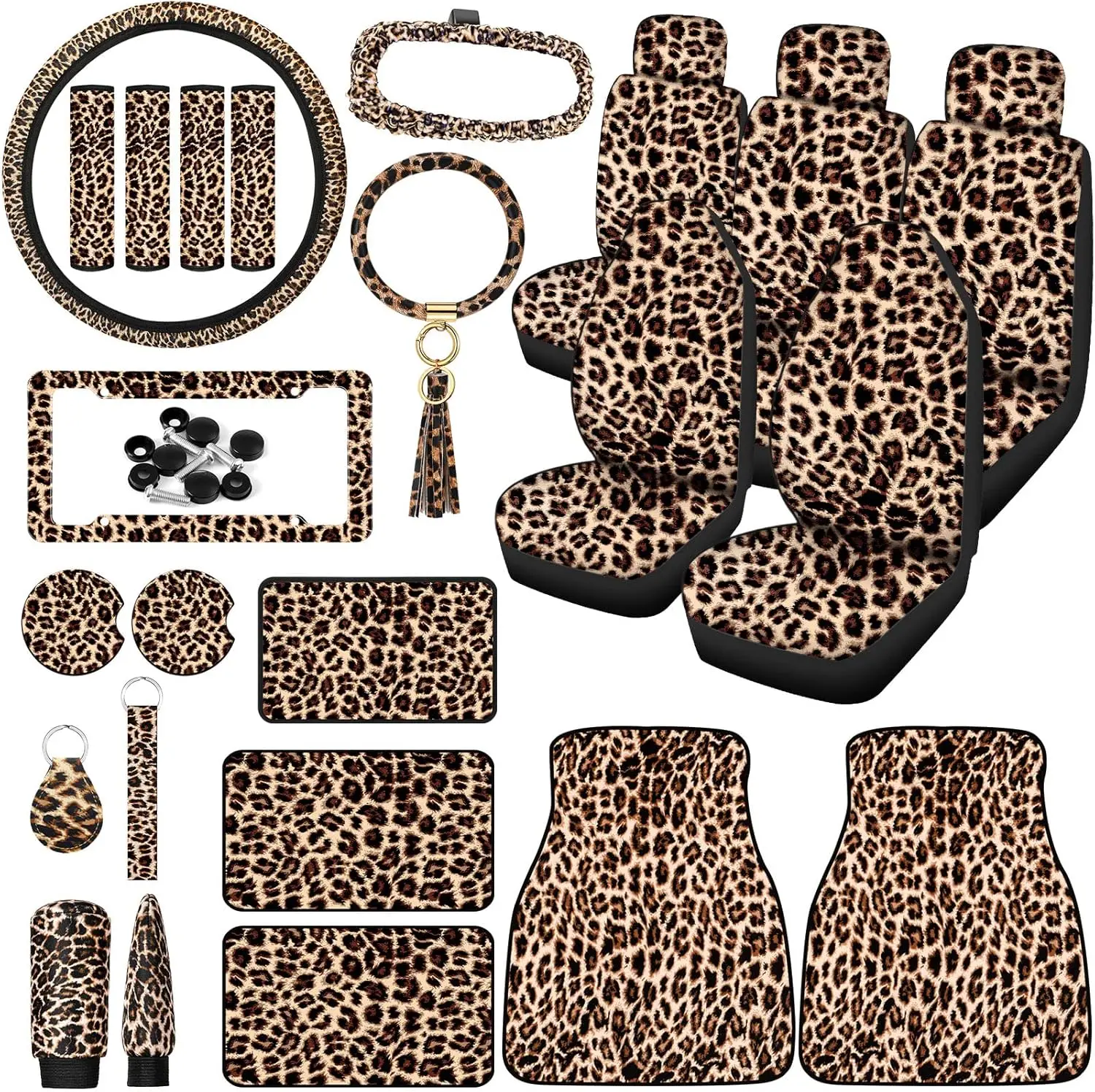 

26-Piece Leopard Print Car Accessories Set: Seat Covers, Steering Wheel Cover, License Plate Frame, Mirror Covers for SUV, Truck