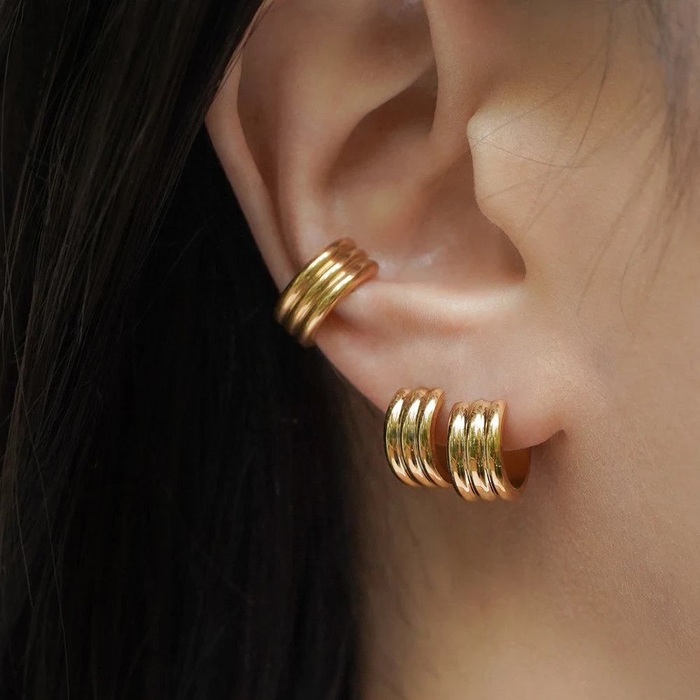 Fashion Minimalist Stainless Steel Gold Color Three Layer C Shape Stud Earrings Prevent Waterproof Charm Jewelry Women Gift
