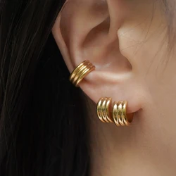 Fashion Minimalist Stainless Steel Gold Color Three Layer C Shape Stud Earrings Prevent Waterproof Charm Jewelry Women Gift
