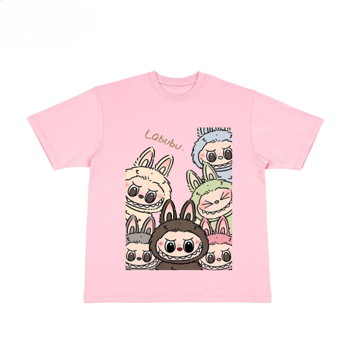 Cute Labubu Emoji T-shirt Men's and Women's Series Cotton Short-sleeved Cartoon Sweet and Cool Pink T-shirt Heavy Cotton Top