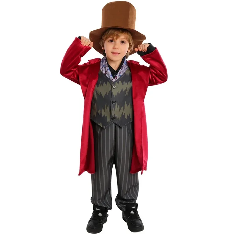 Movie Chocolate Factory Willy Cosplay Costume Children Red Coat Pants Scarf Hat Full Set Kids Willy Role Play Suit Halloween